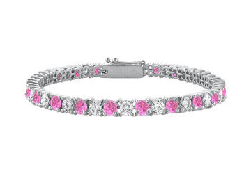 Created Pink Sapphire and Cubic Zirconia Prong Set 10K White Gold Tennis Bracelet 7.00 CT TGW