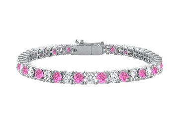 Created Pink Sapphire and Cubic Zirconia Prong Set 10K White Gold Tennis Bracelet 10.00 CT TGW