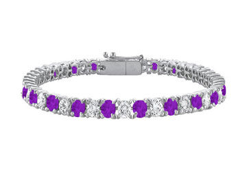 Amethyst and Cubic Zirconia Prong Set 10K White Gold Tennis Bracelet 10.00 CT TGW