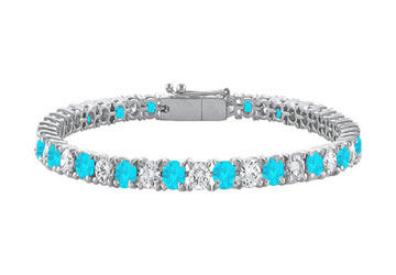 Blue Topaz and Cubic Zirconia Prong Set 10K White Gold Tennis Bracelet 10.00 CT TGW