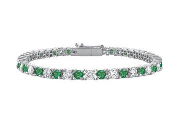 Sterling Silver Round Frosted Emerald and Cubic Zirconia Tennis Bracelet 2.00 CT TGW