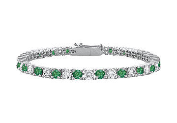 Sterling Silver Round Frosted Emerald and Cubic Zirconia Tennis Bracelet 3.00 CT TGW