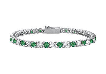 Sterling Silver Round Frosted Emerald and Cubic Zirconia Tennis Bracelet 4.00 CT TGW