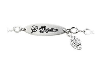 Stainless Steel Miami Dolphins Team Name and Logo Dangle Bracelet - 7.5 Inch