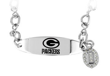 Stainless Steel Green Bay Packers Team Name and Logo Dangle Bracelet - 8 Inch