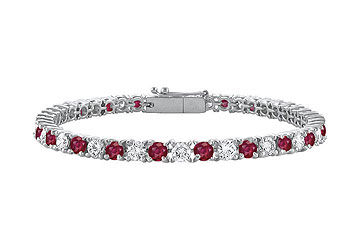 Sterling Silver Round GF Bangkok Ruby and Cubic Zirconia Tennis Bracelet 4.00 CT TGW