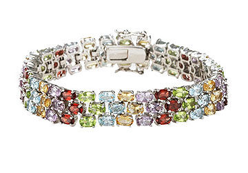 14K White Gold Prong Set Three Rows Oval Multi Color Gemstone Bracelet with 19.00 CT TGW