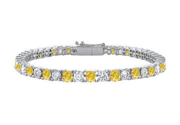 Yellow Sapphire and Cubic Zirconia Prong Set Tennis Bracelet in 14K White Gold 7.00 Carat TGW