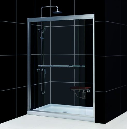 DreamLine Duet Frameless Bypass Sliding Shower Door and SlimLine 30"" by 60"" Single Threshold Shower Base Right Hand Drain