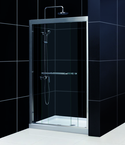 DreamLine Duet Frameless Bypass Sliding Shower Door and SlimLine 36"" by 48"" Single Threshold Shower Base