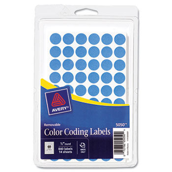 Removable Self-Adhesive Color-Coding Labels, 1/2in dia, Light Blue, 840/Pack