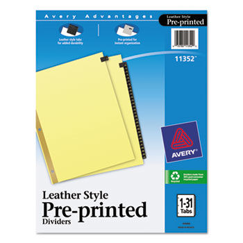 Gold Reinforced Leather Tab Dividers, 31-Tab, 1-31, Letter, Black, 31/Set