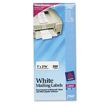 Laser/Inkjet Mailing Labels, Mini-Sheet, 1 x 2-5/8, White, 200/Pack