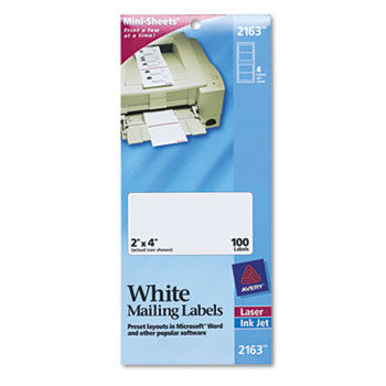 Laser/Inkjet Mailing Labels, Mini-Sheet, Mini-Sheet, 2 x 4, White, 100/Pack