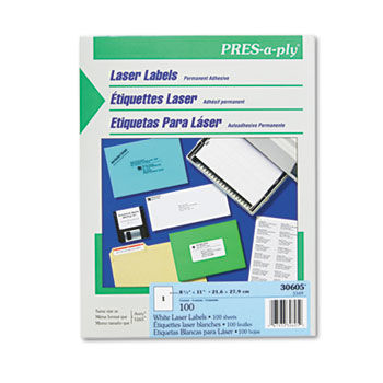 Pres-A-Ply Laser Address Labels, 8-1/2 x 11, White, 100/Box