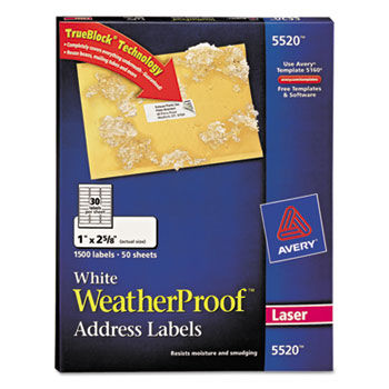 White Weatherproof Laser Shipping Labels, 1 x 2-5/8, 1500/Pack