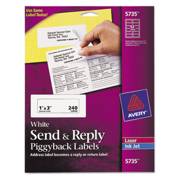 Send & Reply Piggyback Inkjet/Laser Printer Labels, 1-5/8 x 4, White, 240/Pack