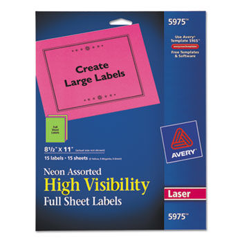 High-Visibility Laser Labels, 8-1/2 x 11, Assorted Neons, 15/Pack