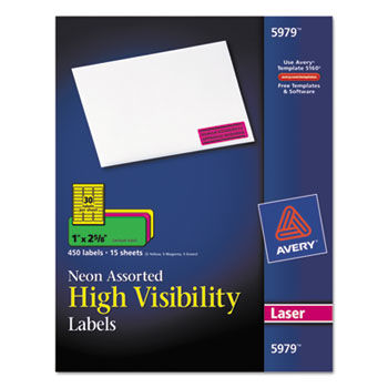 High-Visibility Laser Labels, 1 x 2-5/8, Assorted Neons, 450/Pack