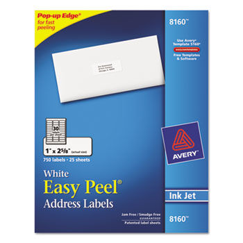 Easy Peel Inkjet Address Labels, 1 x 2-5/8, White, 750/Pack