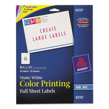 Inkjet Labels for Color Printing, 8-1/2 x 11, Matte White, 20/Pack