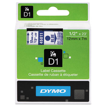 D1 Standard Tape Cartridge for Dymo Label Makers, 1/2in x 23ft, Blue on Clear