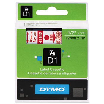 D1 Standard Tape Cartridge for Dymo Label Makers, 1/2in x 23ft, Red on Clear