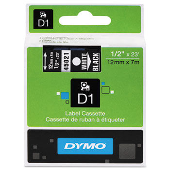 D1 Standard Tape Cartridge for Dymo Label Makers, 1/2in x 23ft, White on Black