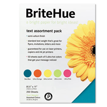 BriteHue Multipurpose Colored Paper, 24lb, 8-1/2 x 11, Assorted, 250 Sheets/Pk