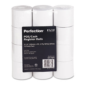 Paper Rolls, Two-Ply Receipt Rolls, 2-1/4"" x 90 ft, White/White, 12/Pack