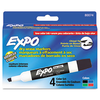 Low Odor Dry Erase Markers, Chisel Tip, Basic Assorted, 4/Set