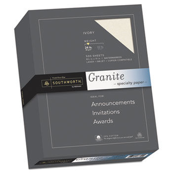 Granite Specialty Paper, Ivory, 24 lbs., 8-1/2 x 11, 25% Cotton, 500/Box