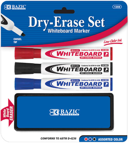 BAZIC 3 Asst. Color Bullet Tip Dry Erase Marker Case Pack 72