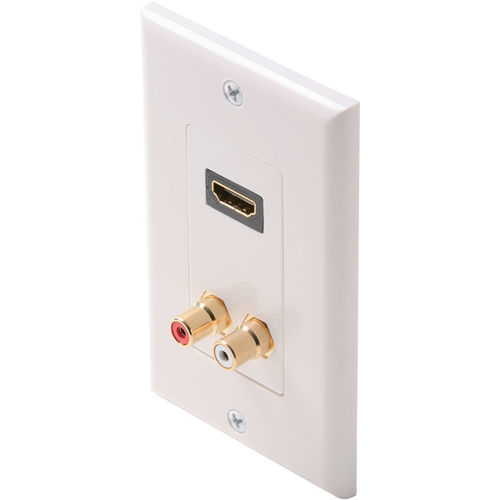 White Decorator Style HDMI Feed-Thru Wall Plate With Dual RCA Stereo Jacks