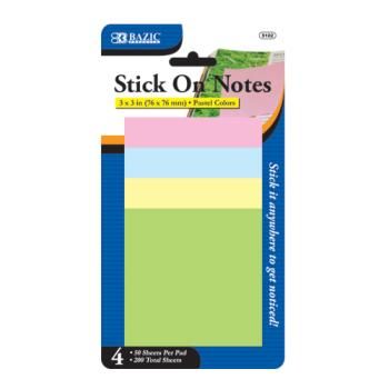 BAZIC 50 Ct. 3"" X 3"" Stick On Notes (4/Pack) Case Pack 144