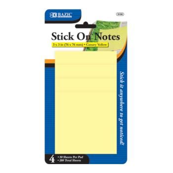 BAZIC 50 Ct. 3"" X 3"" Yellow Stick On Note (4/Pack) Case Pack 144