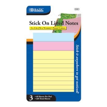 BAZIC 40 Ct. 3"" X 3"" Lined Stick On Note (3/Pack) Case Pack 144