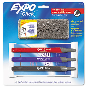 Click Dry Erase Marker Starter Set, Eraser/Wipes/Markers, Fine, Assorted, 3/Set