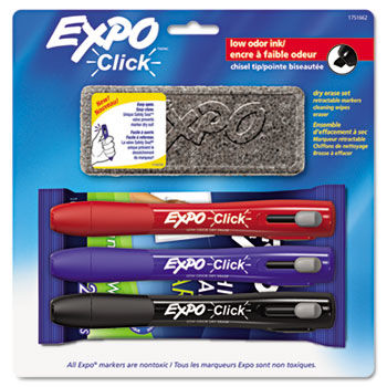 Click Dry Erase Marker Starter Set, Eraser/Wipes/Markers, Chisel, Asstd, 3/Set