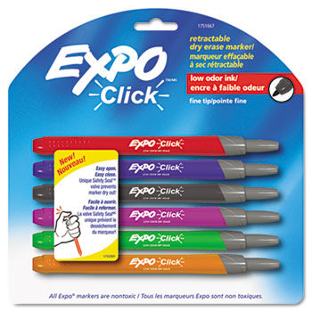 Click Dry Erase Markers, Fine Tip, Assorted, 6 per Set