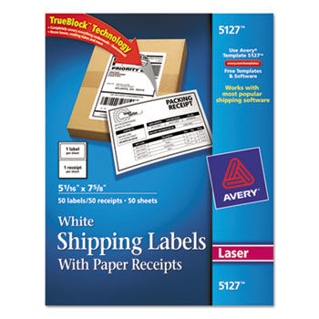 Shipping Labels with Paper Receipt, 5 1/16 x 7 5/8, White, 50/Pack