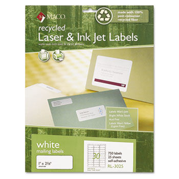 Recycled Laser and InkJet Labels, 1 x 2-5/8, White, 750/Box