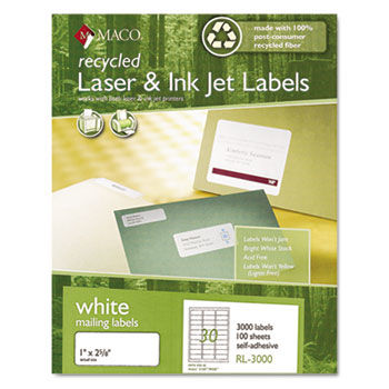 Recycled Laser and InkJet Labels, 1 x 2-5/8, White, 3000/Box