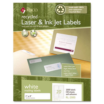 Recycled Laser and InkJet Labels, 1 x 4, White, 2000/Box