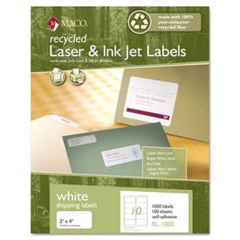 Recycled Laser and InkJet Labels, 2 x 4, White, 1000/Box