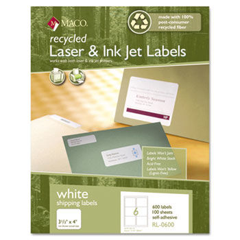 Recycled Laser and InkJet Labels, 3-1/3 x 4, White, 600/Box