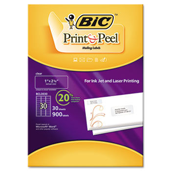 Easy Print & Peel Clear Mailing Labels 1 x 2-5/8, Clear, 1800/Box