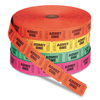 Admit One Single Ticket Roll, Numbered, Assorted, 2000 Tickets/Roll