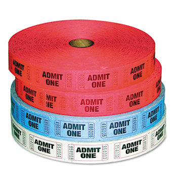 Admit-One Ticket Multi-Pack, 4 Rolls, 2 Red, 1 Blue, 1 White, 2000/Roll