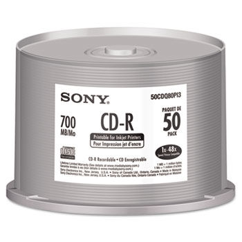 CD-R Discs, 700MB/80min, Inkjet, 48x, White, 50/Pack